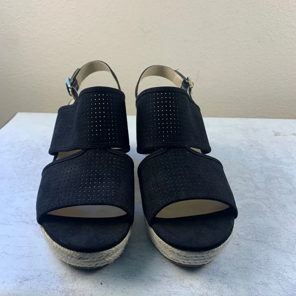 Liz Claiborne 8.5 Wedge Sandals Black LC Hatcher Perforated Espadrille Slingback